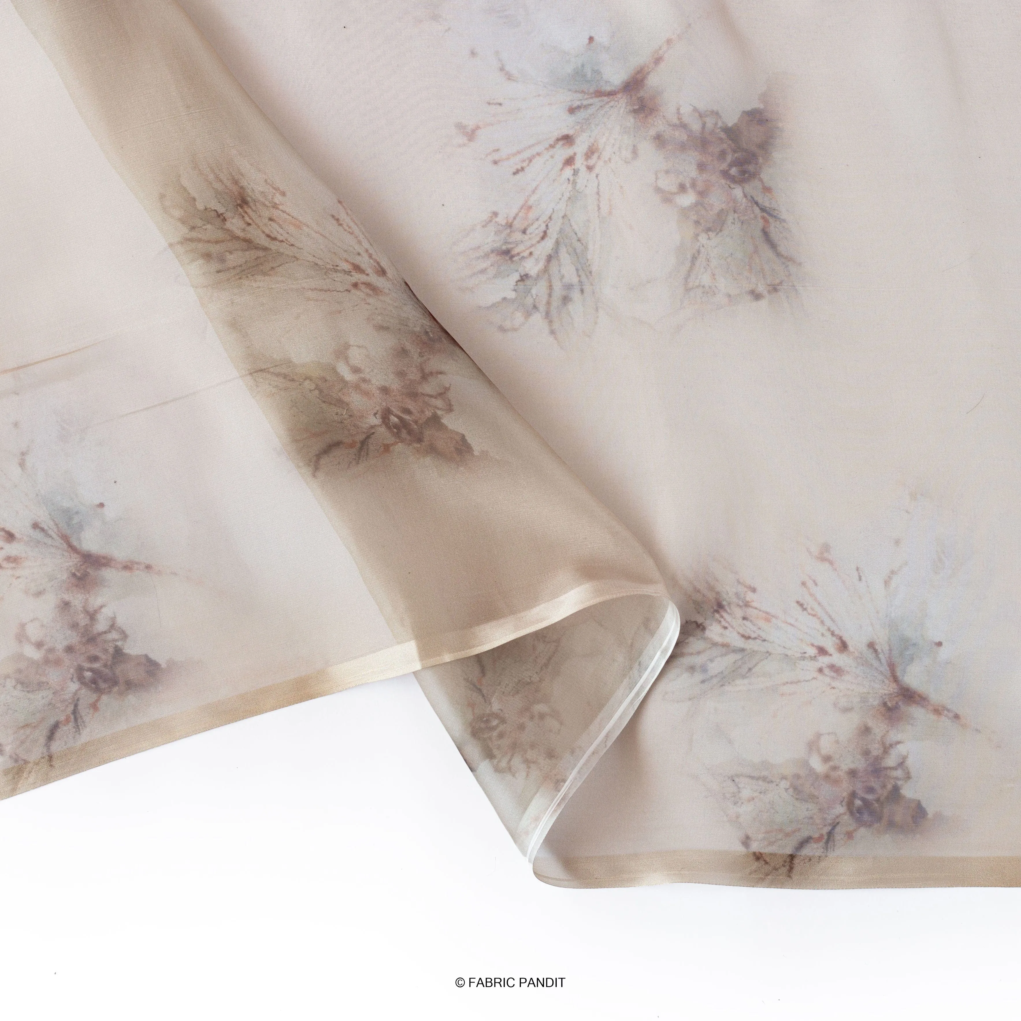 Wood Brown twigs and leaves Digital Printed Taby silk Fabric (Width 44 Inches)
